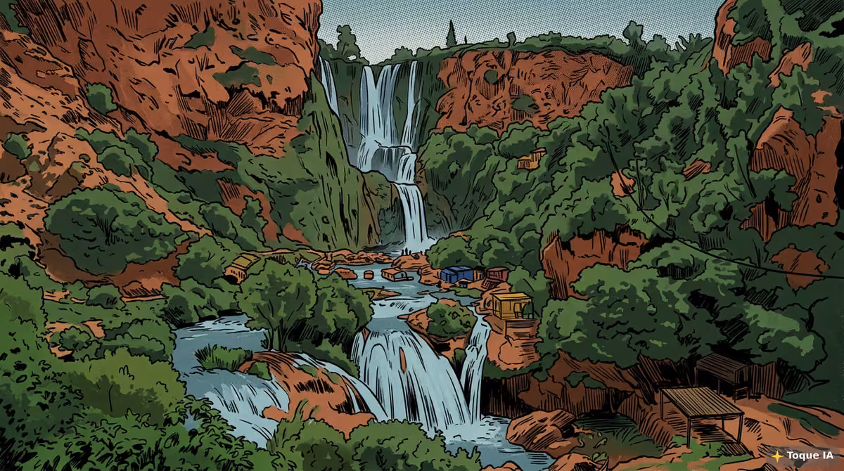 Cascadas de Ouzoud cayendo entre la vegetación del Atlas marroquí