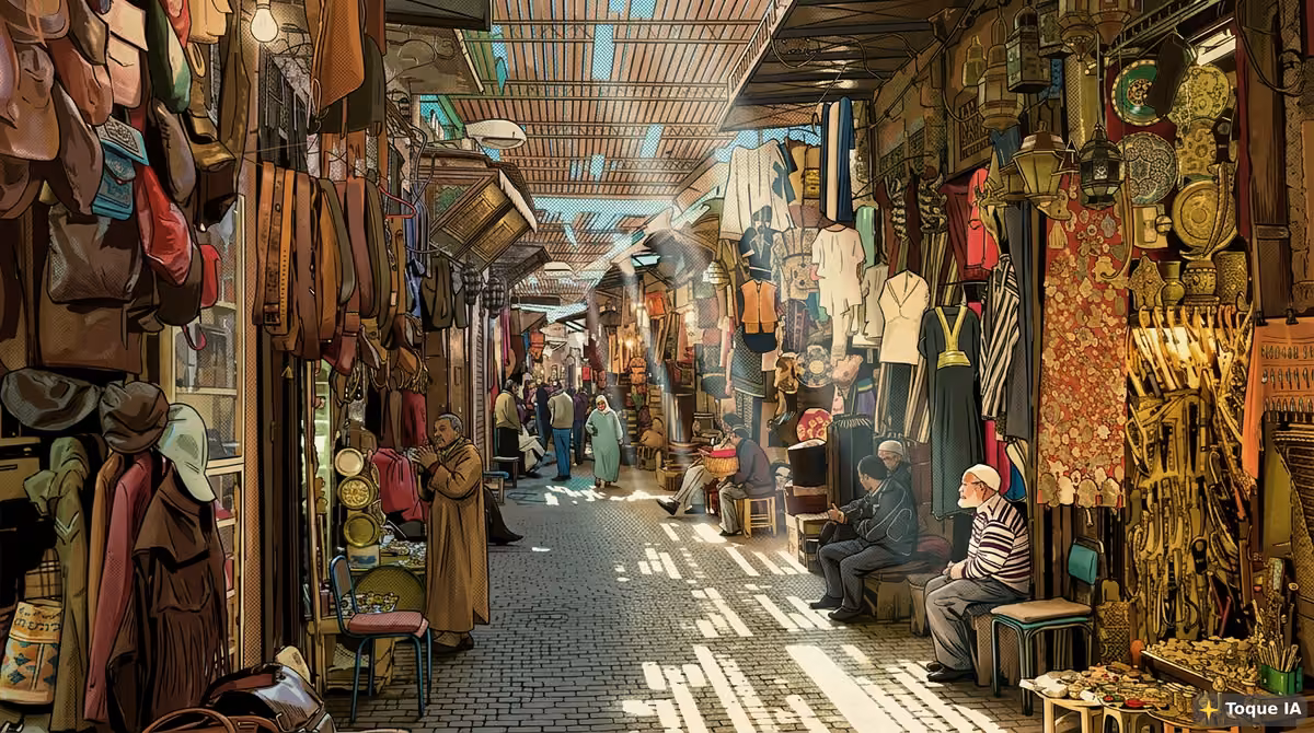 Puestos de artesanía y especias en los zocos de Marrakech