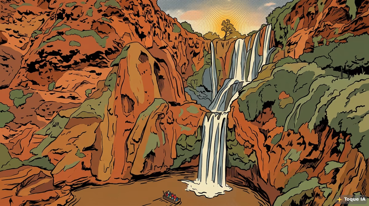 Cascadas de Ouzoud cayendo entre la vegetación con un arco iris visible