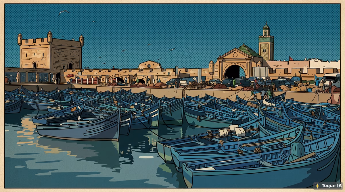 Puerto pesquero de Essaouira con barcas azules y las murallas al fondo
