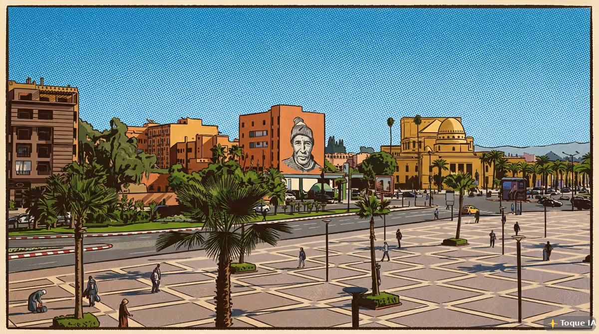 Calle moderna en el barrio de Gueliz con edificios de estilo colonial francés en Marrakech