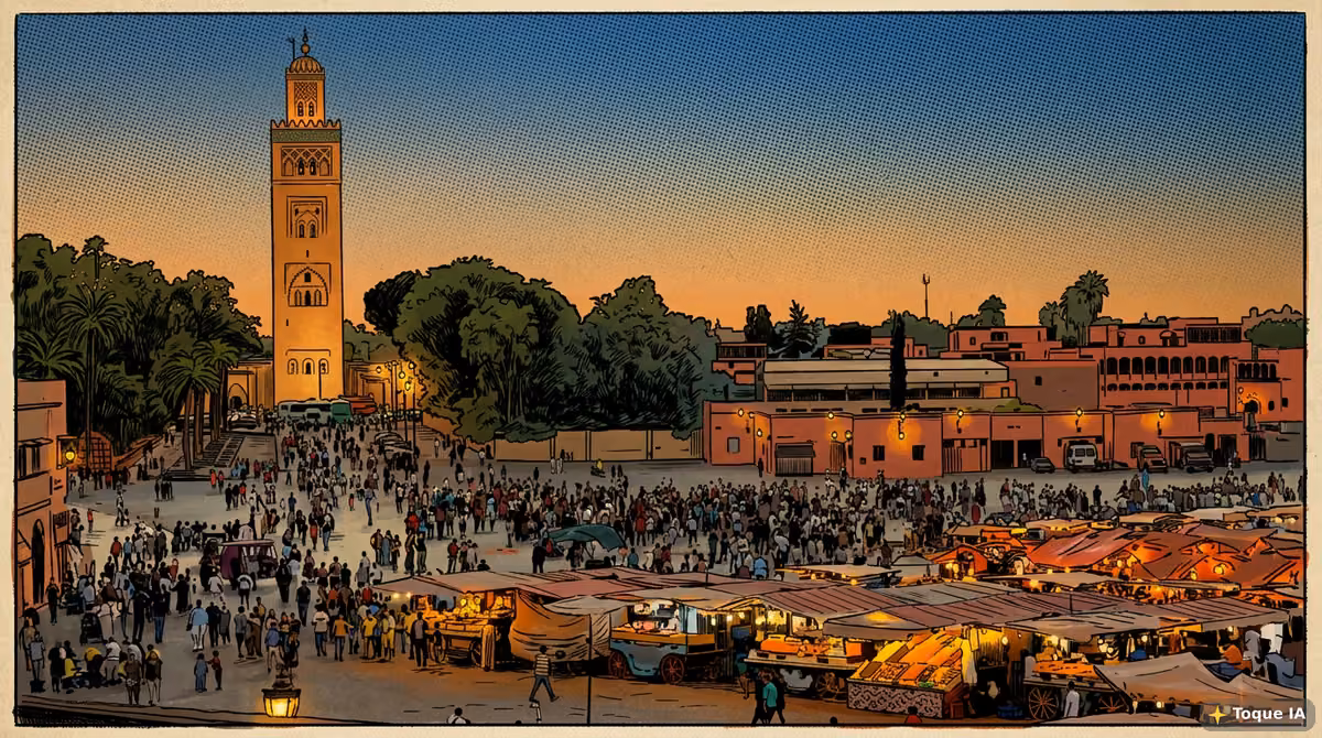 Puestos y ambiente bullicioso en la plaza Jemaa el Fna de Marrakech