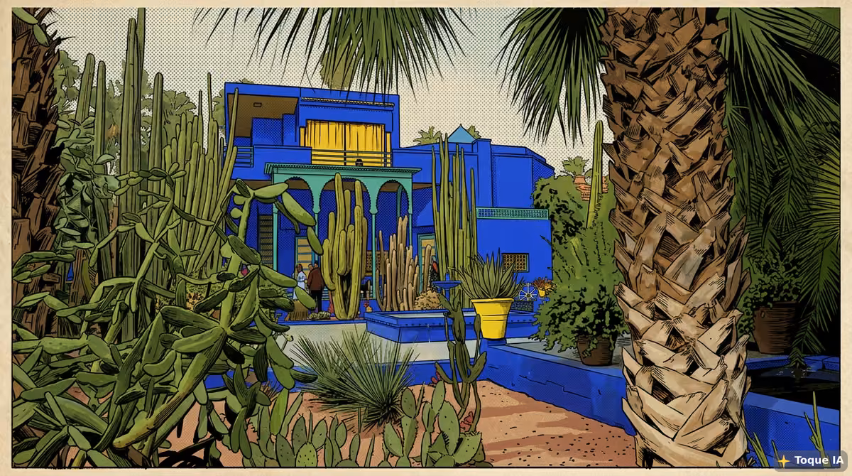 Vegetación exuberante y azul cobalto característico del Jardín Majorelle en Marrakech