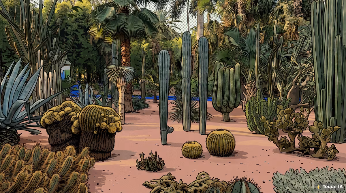 Plantas exóticas y macetas azul cobalto en el Jardín Majorelle de Marrakech