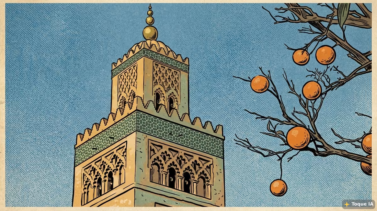 Alminar de la mezquita Koutoubia recortado contra el cielo de Marrakech