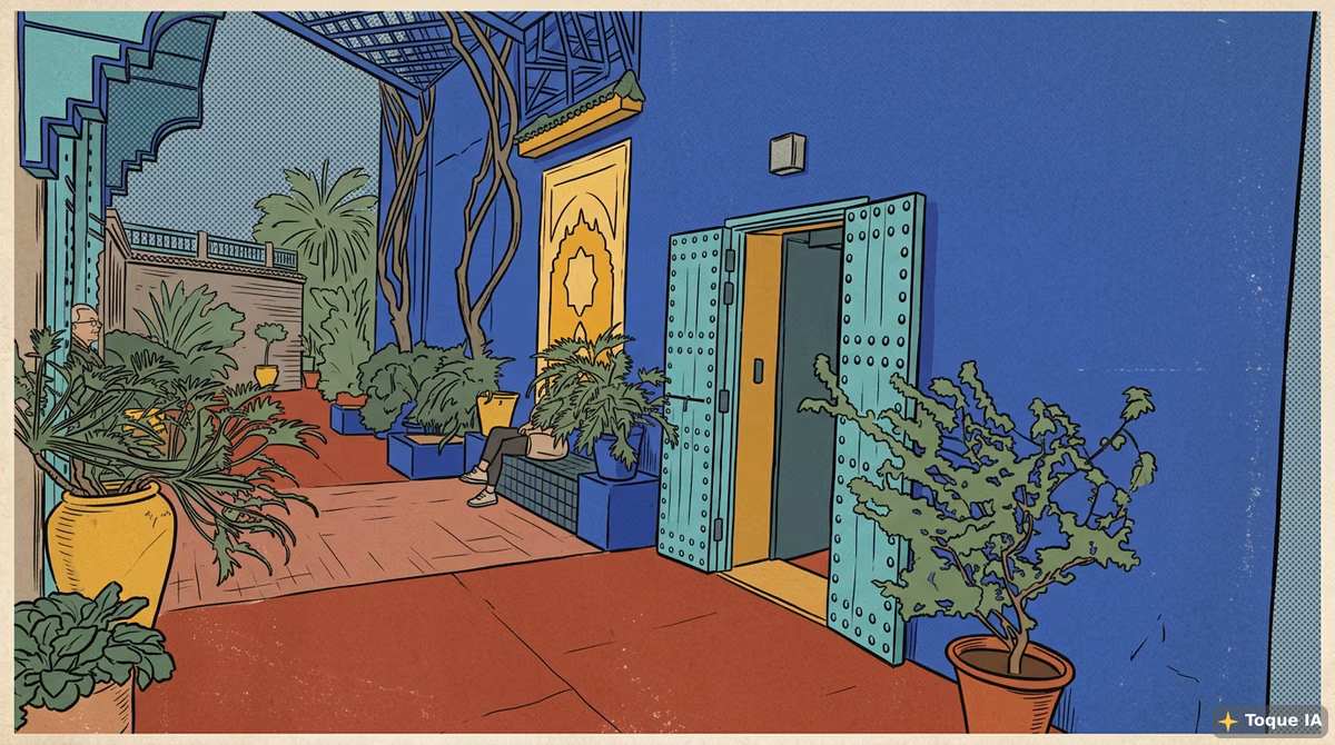 Vegetación azul cobalto y exótica del Jardín Majorelle en Marrakech