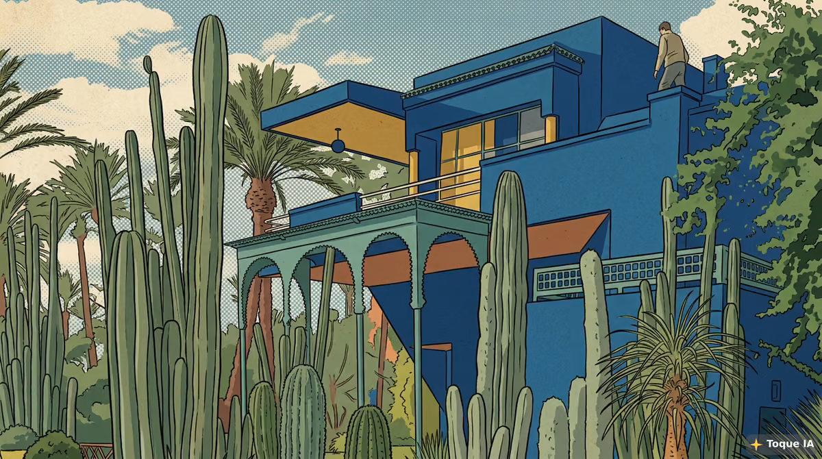 Vegetación exuberante y macetas de color azul cobalto en el Jardín Majorelle de Marrakech