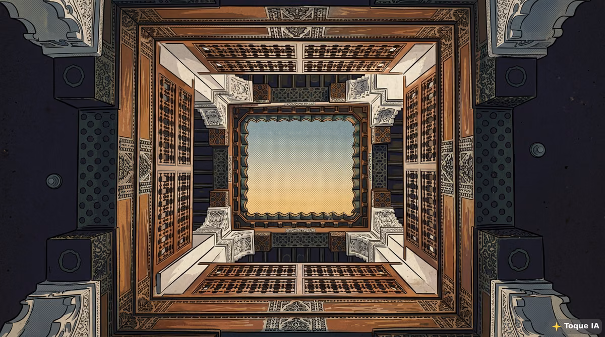 Detalle de yeserías y azulejos en la Medersa Ben Youssef de Marrakech