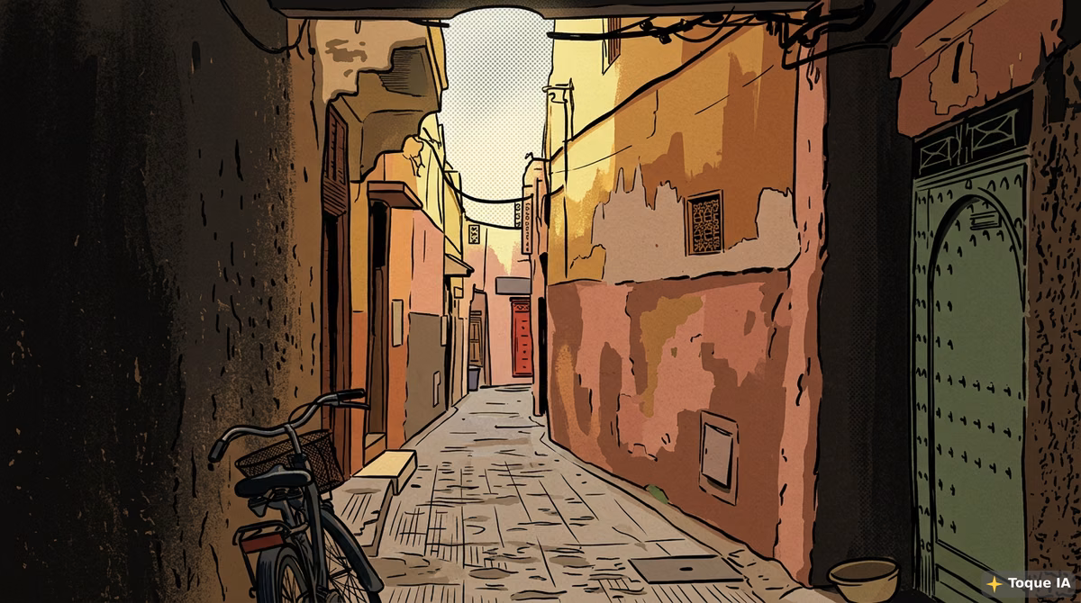 Callejón estrecho de la medina de Marrakech con puestos y fachadas tradicionales