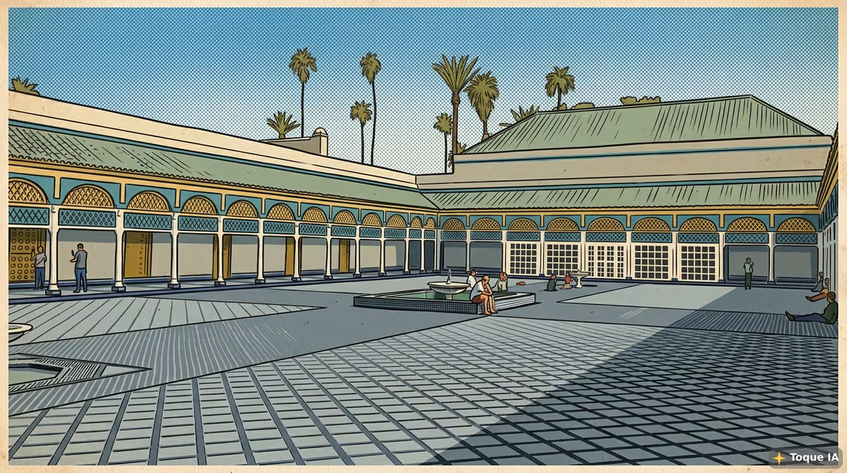 Patios y techos decorados con yeserías talladas del Palacio de la Bahía en Marrakech
