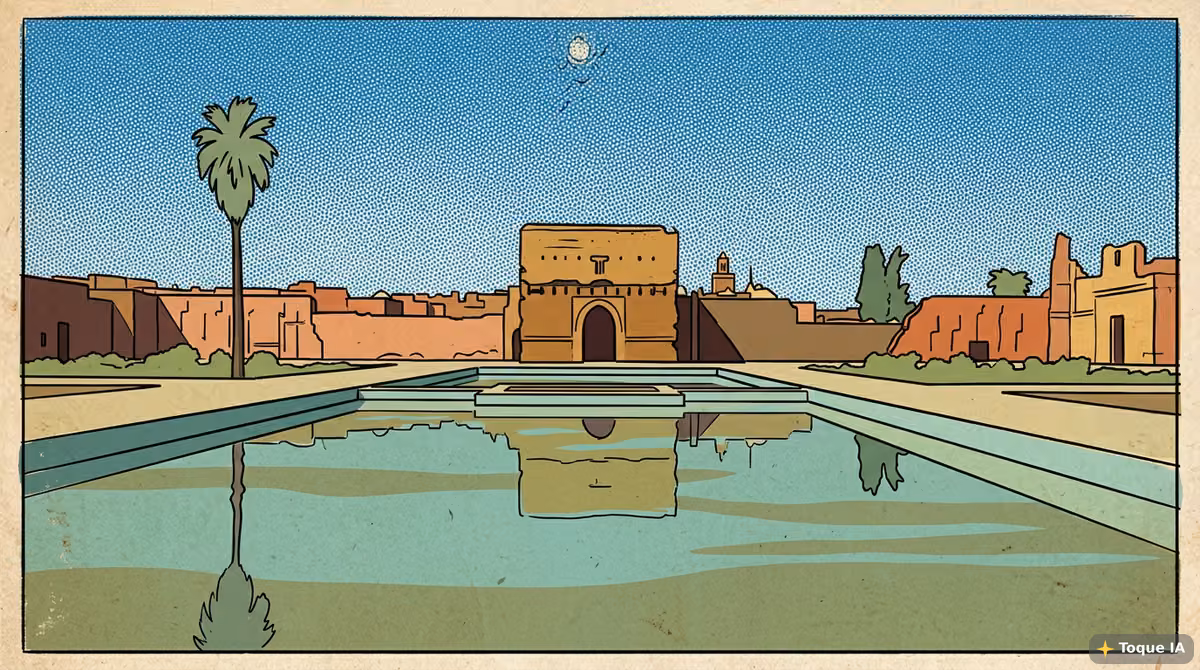 Ruinas del Palacio El Badi con sus muros de adobe y cigüeñas anidando