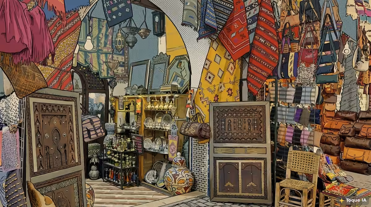 Callejón estrecho de los zocos de Marrakech repleto de tiendas artesanales