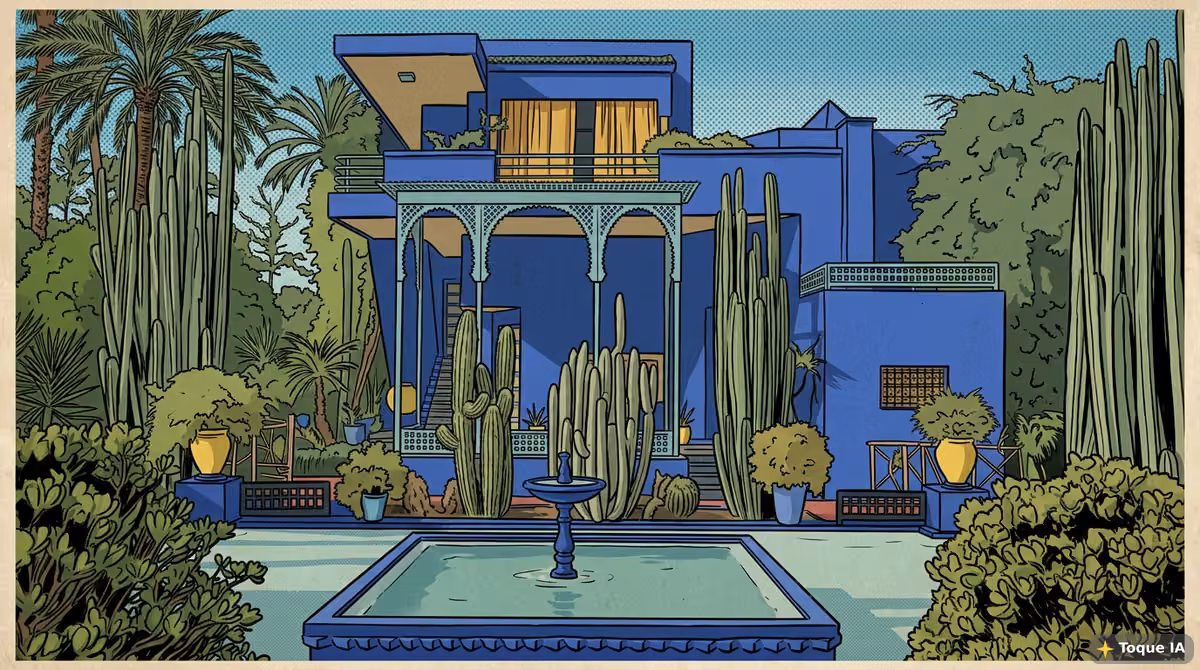Vegetación exuberante y azul cobalto del Jardín Majorelle en Marrakech
