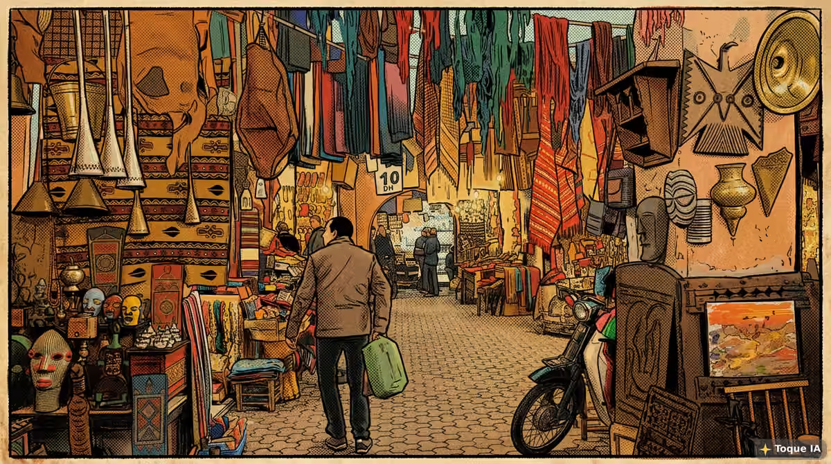 Callejón estrecho de la medina de Marrakech con puestos artesanales