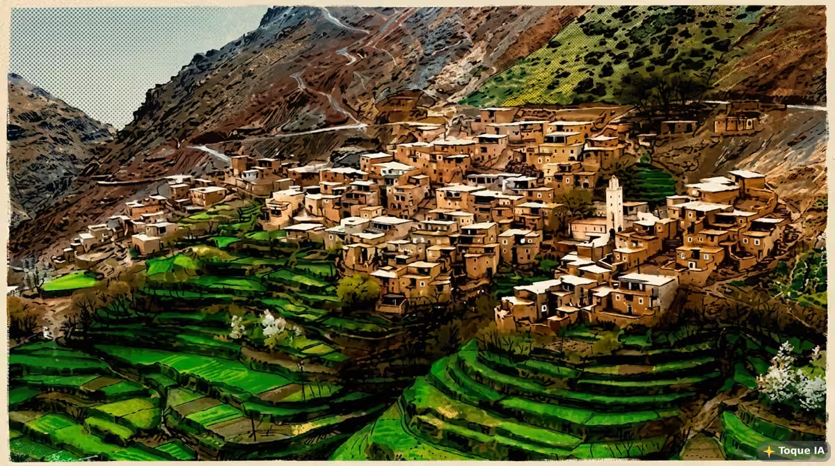 Vista panorámica del valle de Ourika con montañas del Atlas al fondo